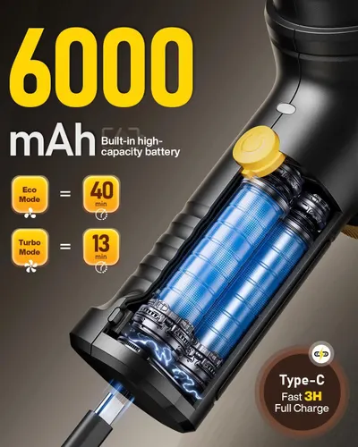 Communicates the high-capacity battery performance with specific runtime metrics in different modes to reassure shoppers about long-lasting power and versatility. Shows the internal battery…