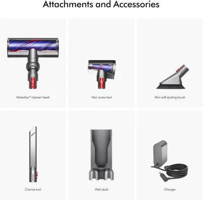 Shows all the attachments and accessories included with the vacuum cleaner to help shoppers understand the complete package and versatility of the product.