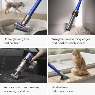 Demonstrates the vacuum's versatility across multiple real-world cleaning scenarios, including pet hair removal, hard-to-reach spaces, furniture and car interiors, and delicate surfaces, to reassure…