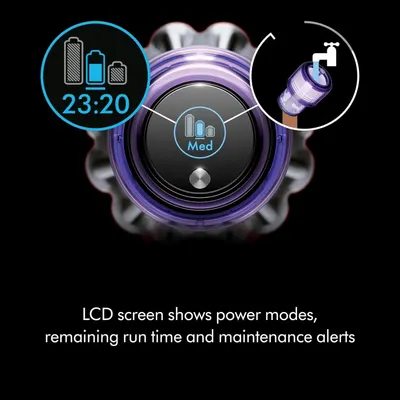 Communicates multiple benefits of the LCD screen interface, showing shoppers that the vacuum provides real-time information about battery life, power settings, and maintenance needs for better…