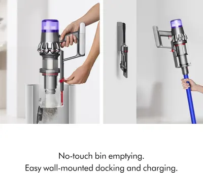 Demonstrates the convenience of the wall-mounted docking station that allows for hygienic no-touch bin emptying and simultaneous charging, emphasizing ease of use and cleanliness.