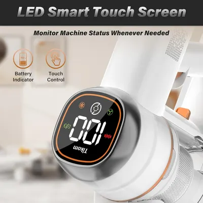 Communicates multiple smart features of the product including the LED touch screen interface, battery monitoring capability, and touch control functionality to demonstrate the product's advanced…