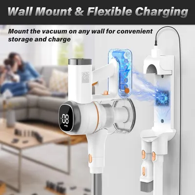 Demonstrates the vacuum's convenient wall-mount storage capability with integrated charging functionality, reassuring shoppers about space-saving storage and easy charging access.