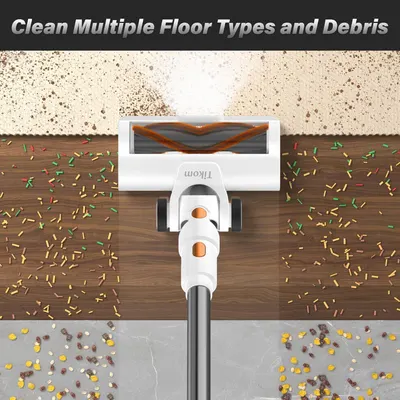Demonstrates the vacuum's ability to clean multiple floor types (carpet, hardwood, tile) and handle various debris types, reassuring shoppers of its versatility across different home surfaces.