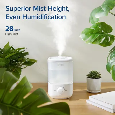 Communicates the impressive mist height capability of 28 inches to demonstrate the product's superior humidification performance and coverage area. Highlights the key benefit of superior mist…
