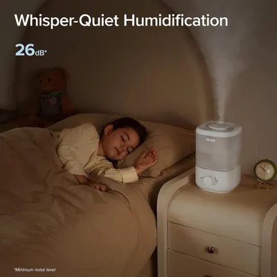 Communicates the humidifier's ultra-quiet 26dB noise level to reassure parents that it won't disturb their child's sleep. Demonstrates the product's quiet performance in a bedroom setting,…