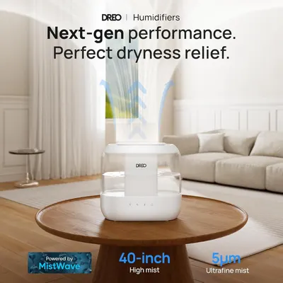 Communicates multiple performance benefits of the humidifier including proprietary technology, mist height reach, and particle size to demonstrate superior dryness relief capabilities.