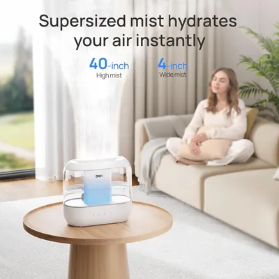 Communicates the product's impressive mist output capabilities with specific measurements (40-inch high mist and 4-inch wide mist) to demonstrate powerful and instant air hydration performance.…