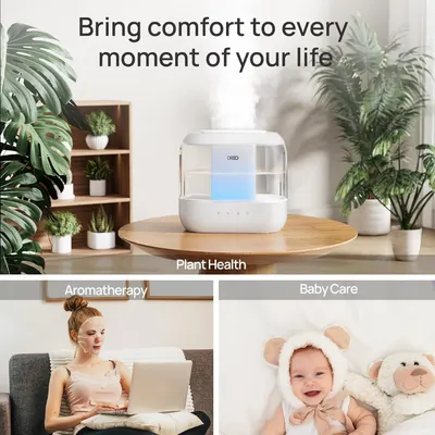 Demonstrates the versatility of the humidifier by showing three distinct use cases: maintaining plant health, supporting aromatherapy and relaxation, and providing comfort for baby care.