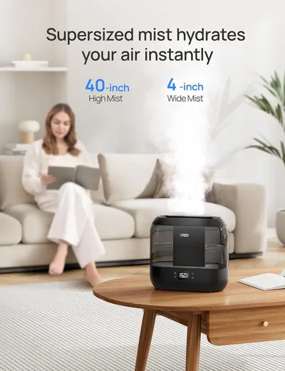 Communicates the humidifier's powerful mist output capabilities using specific measurements to demonstrate performance and coverage effectiveness. Shows the product in a real-world home setting to…