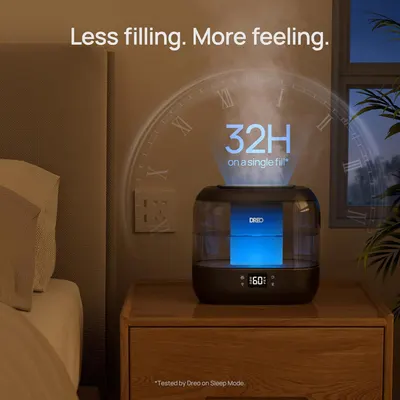 Communicates the impressive runtime capacity of the humidifier, reassuring shoppers they won't need to refill frequently and can enjoy continuous operation for over a day. Shows the humidifier in a…