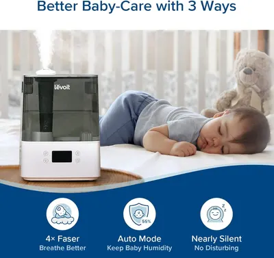 Communicates three distinct benefits of the humidifier in a segmented layout to show parents how it improves baby care through faster operation, automatic humidity management, and quiet performance.