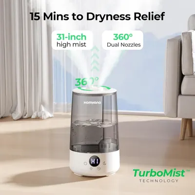 Communicates multiple key benefits of the humidifier including quick relief time, tall mist reach, and comprehensive room coverage to reassure shoppers of its effectiveness.
