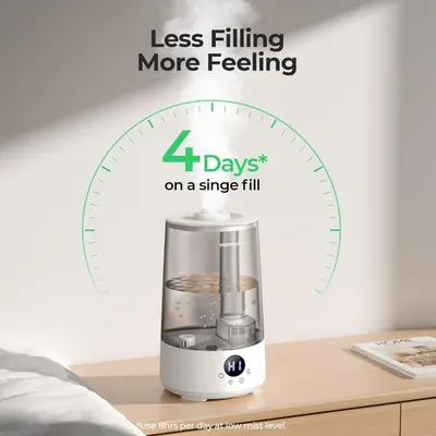 Communicates the product's impressive capacity and convenience by highlighting that it can run for 4 days on a single water fill, reducing the need for frequent refilling. Emphasizes the key benefit…