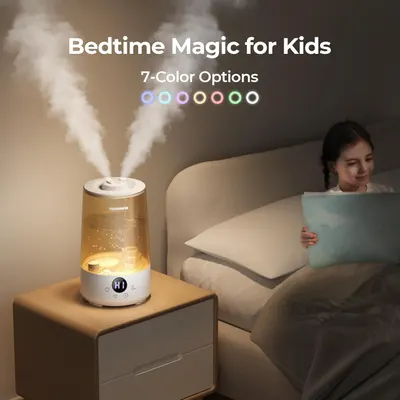 Highlights the product's 7-color lighting options to communicate customization and create a soothing bedtime environment for kids.