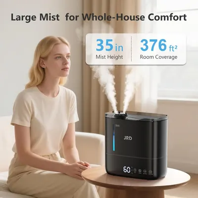 Communicates the humidifier's impressive performance capabilities with two key quantifiable stats: 35-inch mist height and 376 sq ft room coverage, reassuring shoppers this unit is powerful enough…