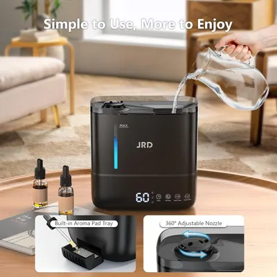 Communicates multiple distinct benefits of the humidifier in a segmented layout: ease of use, aromatherapy capability, and directional mist control to reassure shoppers of the product's versatility…