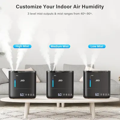 Demonstrates the product's adjustable mist output feature, showing shoppers they can customize humidity levels from 40%-90% with three distinct settings (High, Medium, Low) to suit their comfort…