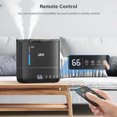 Highlights the convenience of dual control options (touch panel and remote control) for operating the humidifier, emphasizing ease of use and flexibility.