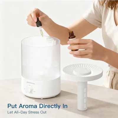 Demonstrates how to use the humidifier by adding essential oils directly into the device, reassuring shoppers that the setup is simple and straightforward. Highlights the aromatherapy feature and…