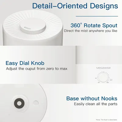 Highlights the key physical components and design features of the humidifier, showing the rotatable spout for directional mist control, the adjustable dial knob for output control, and the smooth…