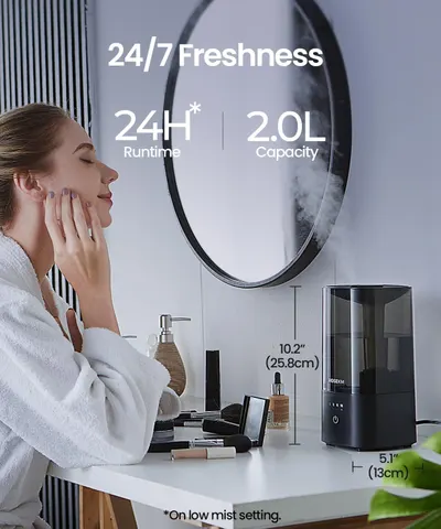 Communicates multiple key product benefits including long runtime, large capacity, and compact dimensions to show the humidifier is powerful yet convenient for daily use. Shows the exact height and…