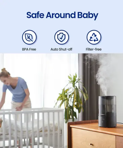 Reassures parents that the humidifier is safe for use around babies by highlighting BPA-free materials, automatic shut-off safety feature, and filter-free operation. Communicates three distinct…