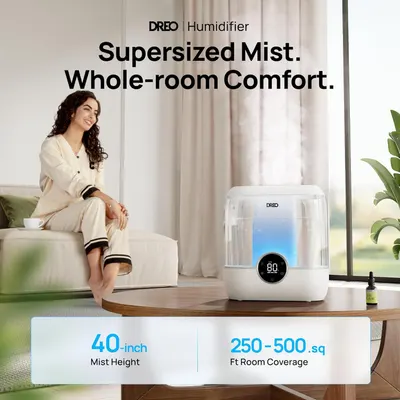 Communicates the humidifier's performance capabilities with specific quantifiable metrics to help shoppers understand the product's coverage area and mist output effectiveness. Highlights the…