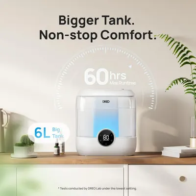 Communicates the product's large 6-liter water tank capacity and impressive 60-hour maximum runtime to reassure shoppers of extended, uninterrupted operation without frequent refills. Highlights the…