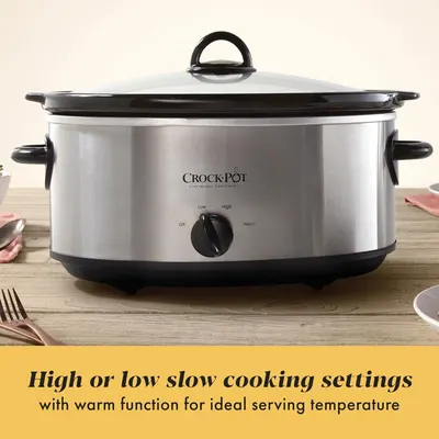 Communicates the product's versatile cooking settings (high, low, warm) to reassure shoppers they can customize cooking temperature for different recipes and serving needs.