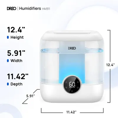 Communicates the exact physical dimensions of the humidifier (height, width, depth) to help shoppers understand the product's footprint and whether it will fit in their intended space.