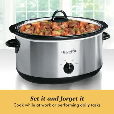 Communicates the convenience benefit of the slow cooker—set it and forget it—allowing users to cook meals while attending to other tasks throughout the day.