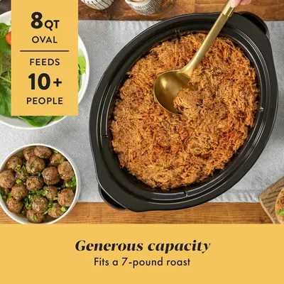 Communicates the large capacity of the 8QT oval slow cooker by highlighting that it can feed 10+ people and fit a 7-pound roast, reassuring shoppers it's suitable for large families or gatherings.…