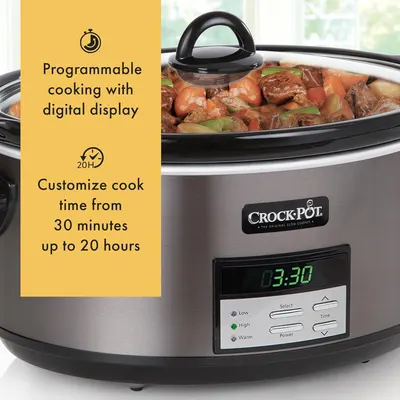 Highlights the programmable cooking feature with digital display and customizable cook time range (30 minutes to 20 hours) to communicate convenience and flexibility for busy shoppers.