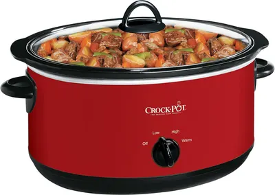 Displays the Crock-Pot slow cooker in a clean, catalog-style presentation showing the product filled with prepared food to help shoppers visualize the product and its use.