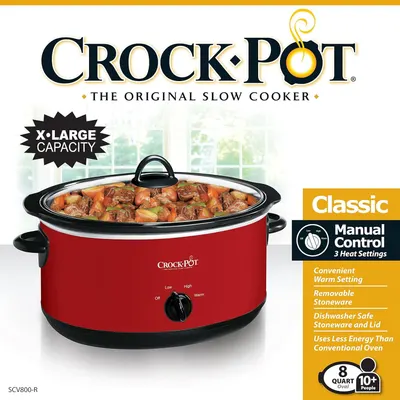 Communicates multiple key selling benefits of the Crock-Pot slow cooker in a segmented layout, including capacity, control options, convenience features, and energy efficiency to help shoppers…