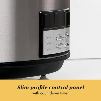 Highlights the sleek, space-saving design of the control panel and the convenience of the countdown timer feature to reassure shoppers of ease of use and modern design.