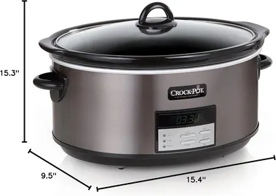 Communicates the exact physical dimensions of the slow cooker (15.3" height, 15.4" length, 9.5" width) to help shoppers understand if it will fit in their kitchen space.