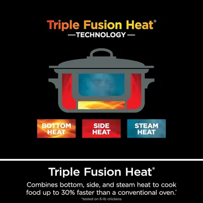 Explains how the product's heating system works by visually breaking down the three heat sources (bottom, side, and steam) to help shoppers understand the technology that enables faster cooking.…