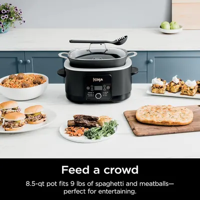 Communicates the product's large 8.5-quart capacity by showing it can hold 9 lbs of spaghetti and meatballs, emphasizing its suitability for entertaining and feeding groups. Highlights the product's…