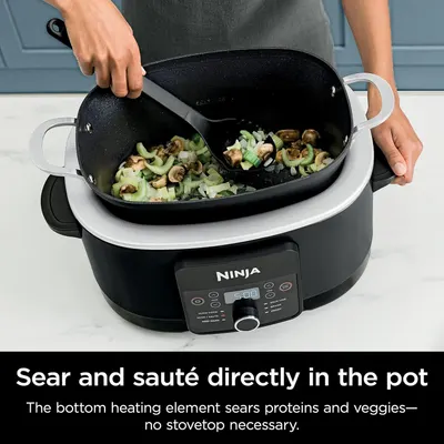 Demonstrates how to use the product's bottom heating element to sear and sauté directly in the pot without needing a stovetop, highlighting ease of use and convenience. Communicates the key benefit…