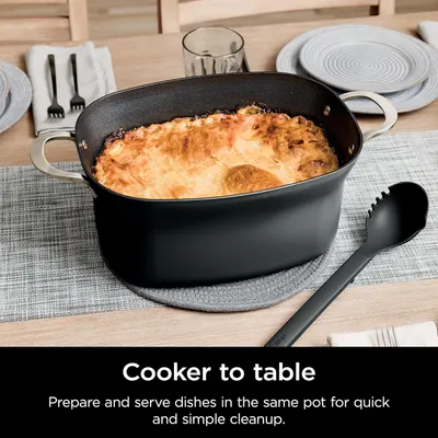 Communicates the convenience of preparing and serving food in the same pot, emphasizing easy cleanup and versatile use from stove to table.