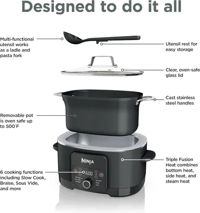 This image breaks down the physical components and features of the Ninja cooking system to help shoppers understand what the product includes and how each part functions. Communicates multiple…