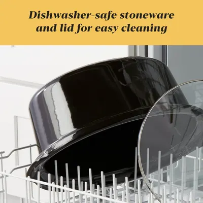 Communicates that the stoneware pot and lid are dishwasher-safe, reassuring shoppers that cleanup is convenient and hassle-free.