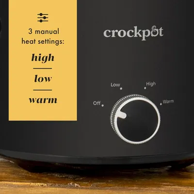 Explains the physical control interface of the crockpot, showing shoppers the three manual heat settings (high, low, warm) and how to adjust them using the dial.