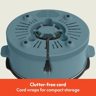 Highlights the product's built-in cord wrap feature that allows for compact, organized storage and eliminates cord clutter.