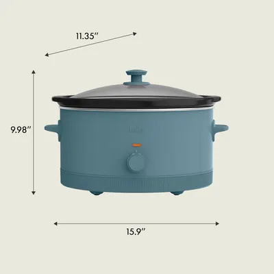 Communicates the exact physical dimensions of the slow cooker (height, width, and diagonal) to help shoppers understand the product's footprint and whether it will fit in their kitchen space.