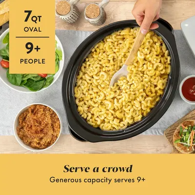 Communicates the large capacity of the slow cooker to reassure shoppers it can serve families or groups of 9 or more people. Highlights the generous size benefit, showing the product is ideal for…