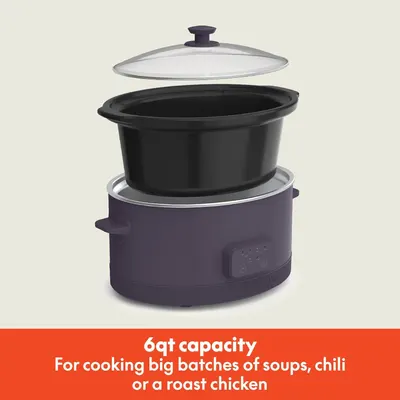 Communicates the large capacity of the slow cooker to reassure shoppers it can handle big batches of soups, chili, or roast chicken for families or gatherings. Highlights the product's generous size…