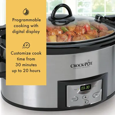 Communicates two distinct programmable features of the Crock-Pot slow cooker: the digital display for programmable cooking and the flexible time range customization, reassuring shoppers of…